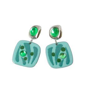 Retro Tin Green Bejeweled Earrings Costume Vintage Jewelry
